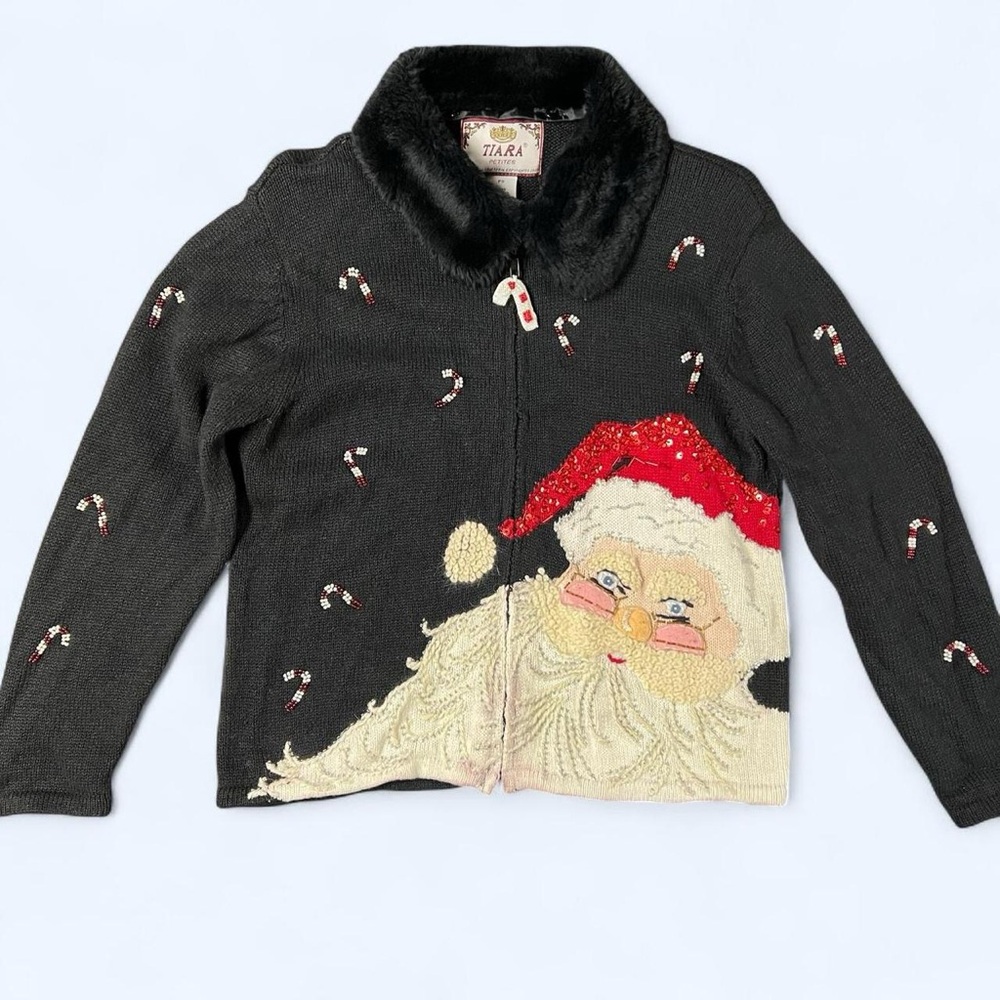Vintage Santa Beaded Knit Cardigan Sweater Zip Up Petite Small Christmas Retro